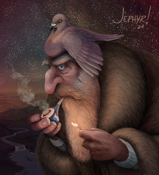 'Pigeon-Head Jones' &mdash; Digital Painting - Copyright 2024 - Jephyr - All Rights Reserved - NOAI -  NO AI